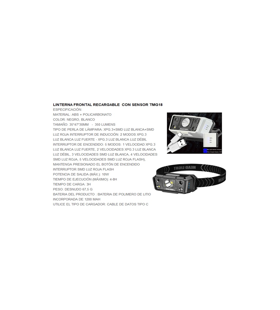 Linterna frontal recargable 360 lúmenes